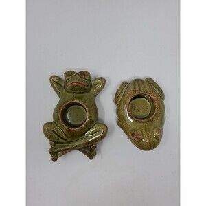 Party Lite Ceramic Frogs Tea Lite  Candle Holder Set Green Red Speckles